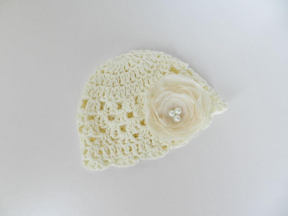 Crochet Hat -baby Hat-newborn Baby Girl Crochet Hat- Off White - Silk Flower -organic Cotton -photo Prop -